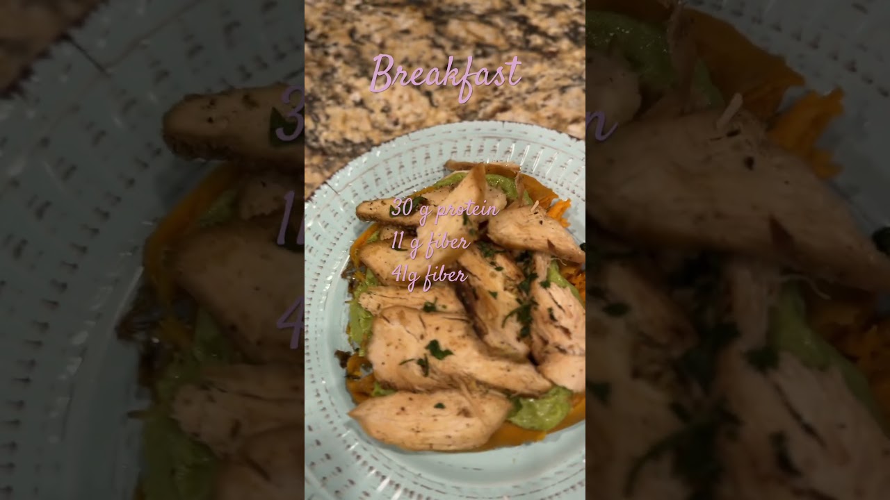 High protein breakfast 3 oz grilled chicken breast, 1 medium sweet potato, 1 guacamole single