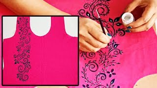 Stylish Free Hand Painted Bel Border Neckline Design Designer Kurti Hand Painting On Clothes