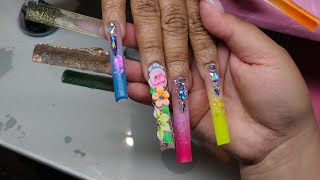 Extreme XXL Neon Bling Nails 🌈💎 | 3D Flower Acrylic Set