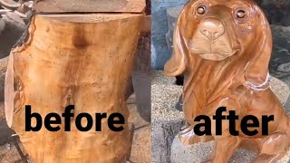 making a dog sculpture of wood in seconds ???