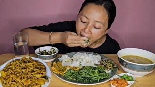 Mushroom Curry, Mustard Greens, Sesame Chutney, Masala Mix Daal &amp; Rice Mukbang | K lets eat