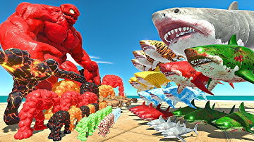 Sea Monsters Fights Lava Golem Team | Mutant Megalodon vs Giant Golem-Animal Revolt Battle Simulator