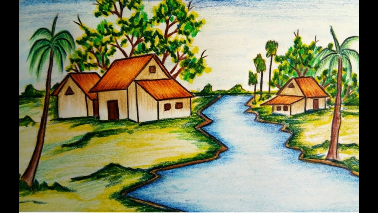 Featured image of post Village Scenery Simple River Drawing : Simple landscape scenery drawing for beginners | easy waterfall scenery drawing with color this topics included :