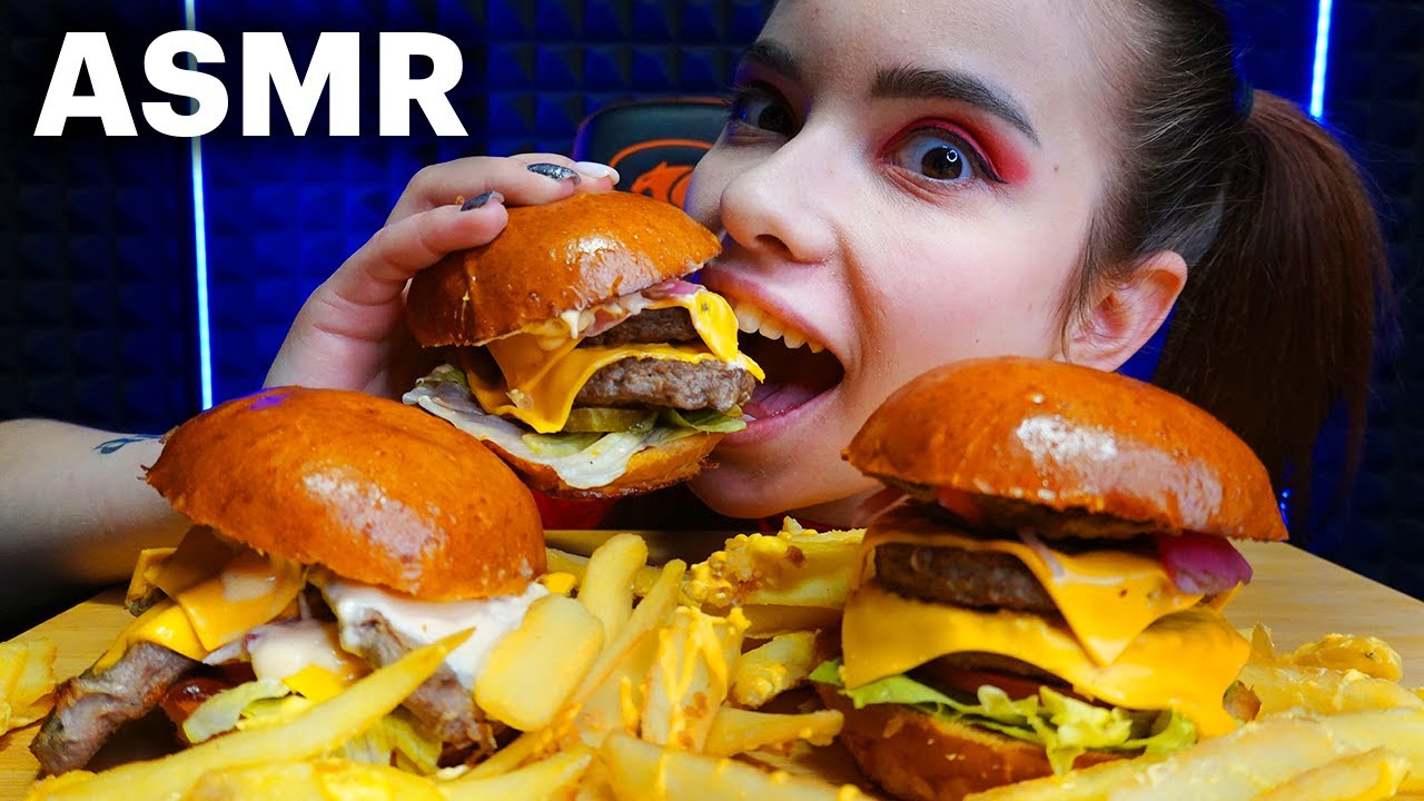 ASMR TRIPLE BACON BURGER & FRIES MUKBANG (No Talking) 먹방 EATING SOUNDS ...