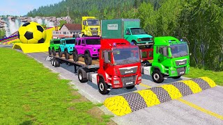 Flatbed Trailer Truck Potholes Transport Car Portal Trap Rescue - Cars vs Speed Bumps - BeamNG.drive