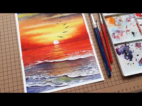 Màu Vẽ Nước - Cách vẽ hoàng hôn trên biển bằng màu nước (realistic sunset sea watercolor)