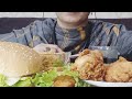 Eating spicy food chicken drumsticks burger lettuce wrap  noodles