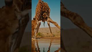 🦒💧 Rare Moment: Giraffe Drinking at a Peaceful Waterhole