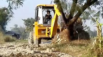JCB Dozer Felling Big Tree For New Road Construction Of  a Village