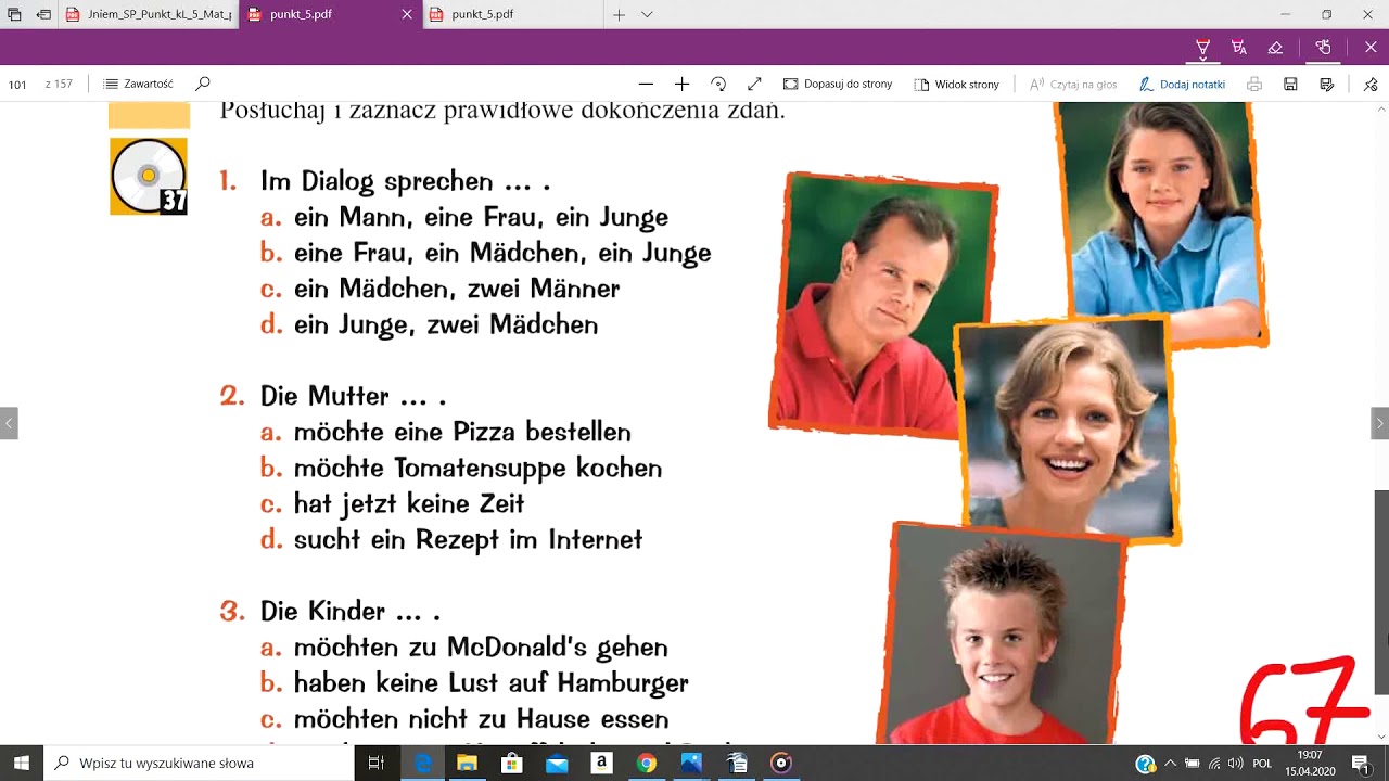 Lekcja zdalna 5, język niemiecki, podr.,,Punkt'', klasa V, temat