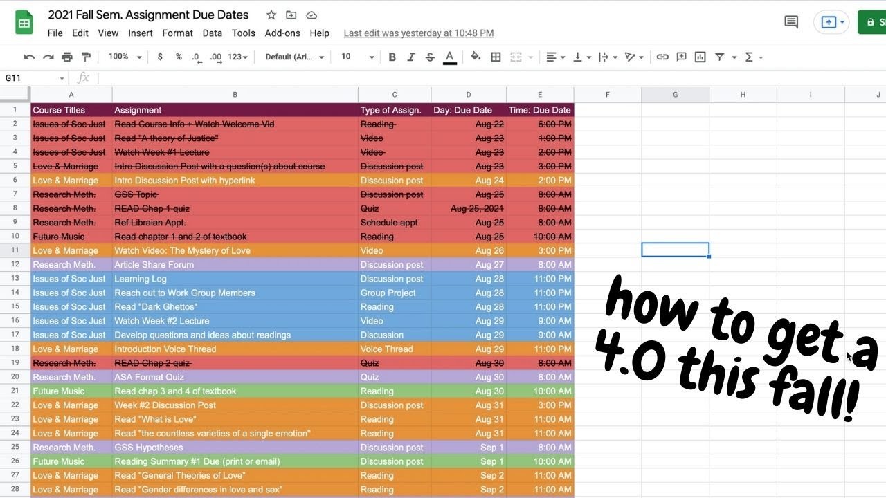 assignment due date spreadsheet google sheets