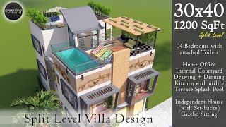 30 x 40 Feet, Split Level House Design with Full Central Courtyard | 1200 sqft | 135 Gaj | ID-206