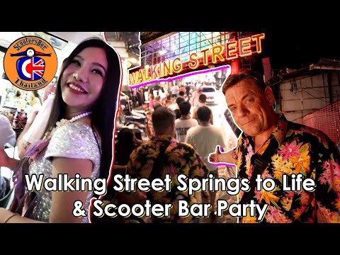 Pattaya Walking Street Springs to life, Scooter Bar Party + Jasmine Restaurant.