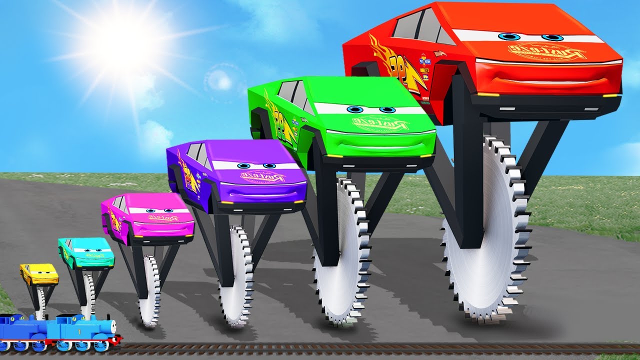 Big & Small Colors Cyber Lightning McQueen with One Saw Wheel vs  Thomas Train | BeamNG.drive