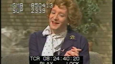 Steve Nallon, as Margaret Thatcher lookalike, visits TV-am -1985