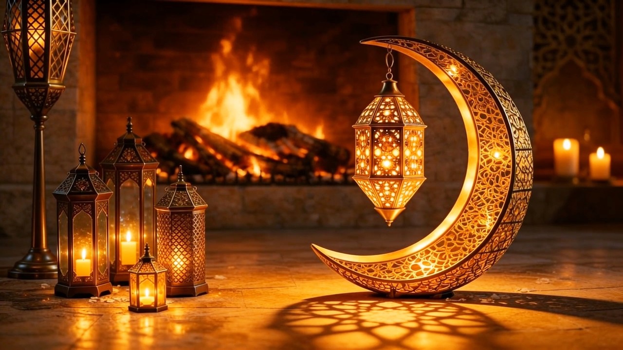 أجواء رمضان 2026 الدافئة مع فوانيس ومدفأة حطب 🌙 Luxurious Ramadan 2026 Wallpaper with Fireplace Wood