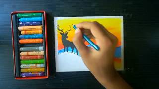 Sunset scenery oil pastel drawing | deer forest scenery oil pastel drawing