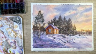 Watercolor Painting // Sunset Scenery Painting