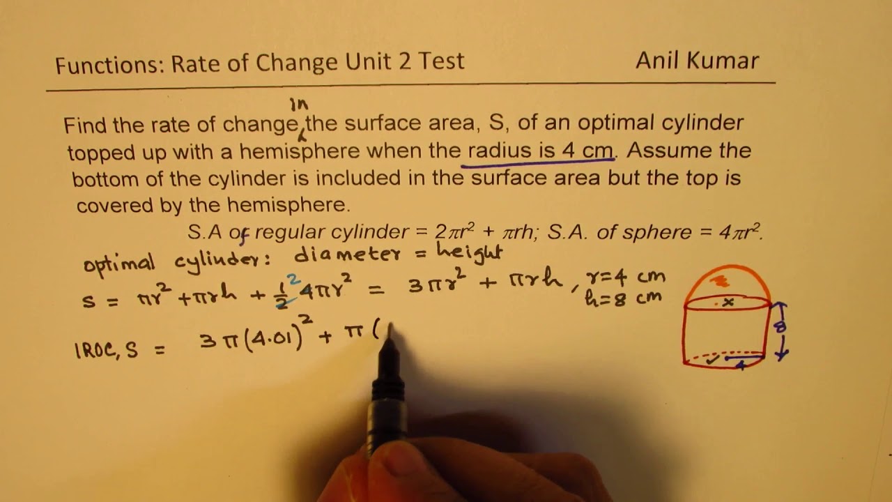 Rate Of Change Of An Optimal Cylinder Sphere Surface Area MHF4U Pre 