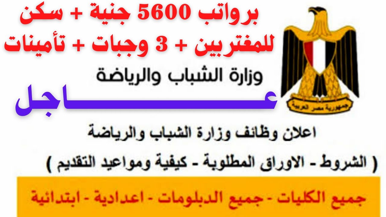 يلا خبر  | وظائف خالية من وزارة الشباب والرياضة لجميع المؤهلات برواتب 5600 جنية والتفاصيل كاملة والتقديم هنا