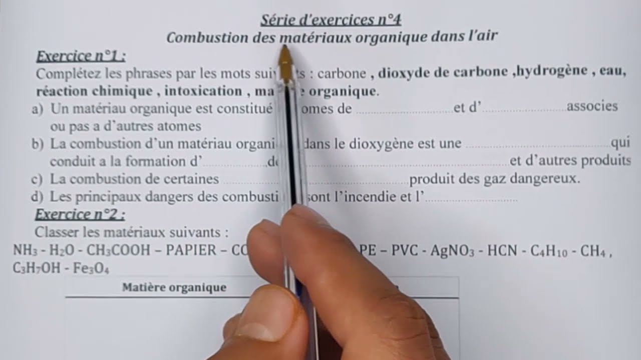 série d'exercices n°4 : combustion des matériaux organique dans l'air : 3 eme année collège biof