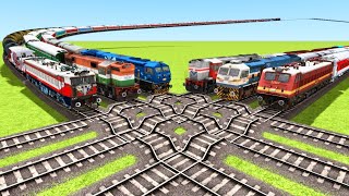 SIX TRAINS CROSS THROUGH THE SPEED BUMPS AND THREE FLYING RAILWAY TRACKS ▶️ CrazyRails 2024