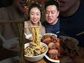 family- style Chinese home meal featuring braised pork belly with sheep meat and Mushroom Noodles