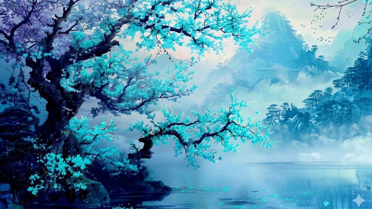 4K Relaxing Calm Nature Rain & Thunder Sounds For Sleeping Japanese Blue Cherry Blossom Garden