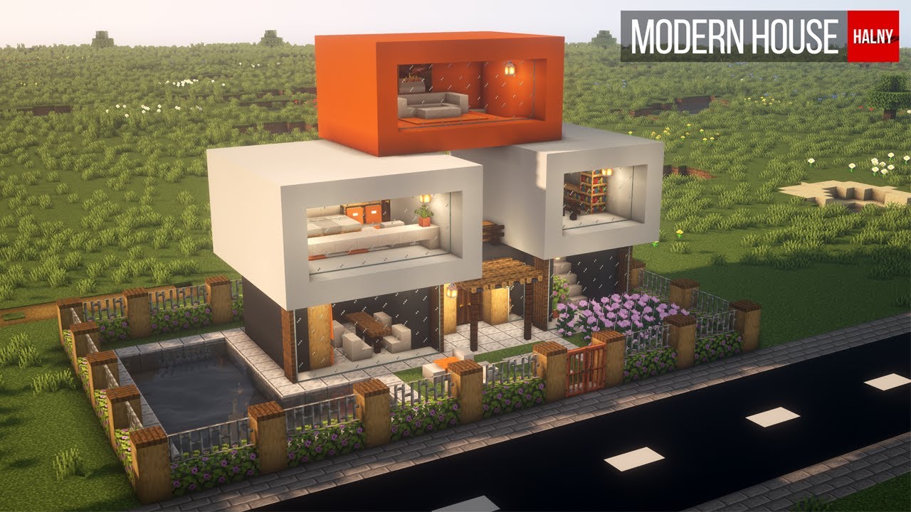 Modern minecraft house with swimming pool