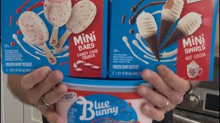 Blue Bunny mini bars candy cane, crunch, mini swirl’s hot cocoa, and peppermint stick ice cream