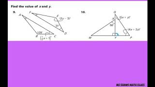 Find the values of x and y given congruent triangles. System of linear equations