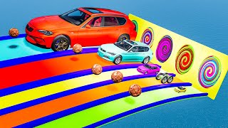 Big and Small Cars vs Slide Colors with Portal Trap - Cars vs Rails vs Trains Police -BeamNG.Drive