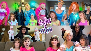Elsa and Maleficent watch Baby Doll and Pretend Play with Cinderella, Anna, and Merida