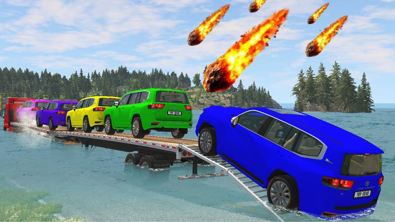 Triple Flatbed Trailer McQueen Transportation with Truck - Speedbumps vs Cars vs Train - BeamNG #12