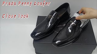 UNBOXING Prada Mens Penny Loafer Black Leather Slip On Triangle Logo Plaque