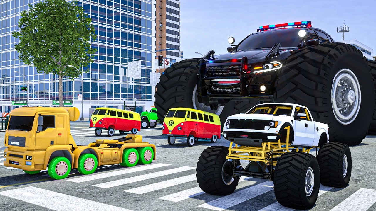 صورة فيديو : Fire Truck Frank Helps Taxi | Police Car Lucas Monster Truck Climbing Hill Competition