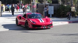 A brand new 2019 ferrari 488 pista starting up and leaving cars
chronos at hing wa lee plaza. (december 15, 2018 / walnut, ca)