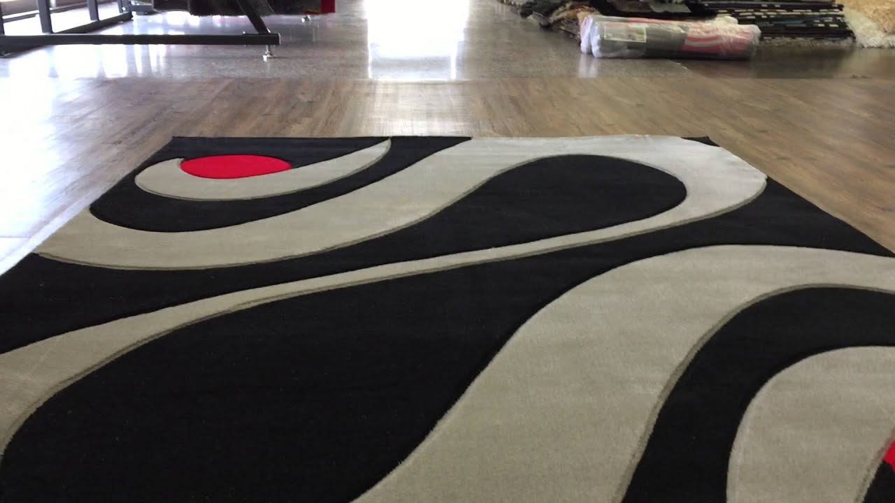 Black Indoor Bedroom Area Rug with Grey and Red Design Hand Carved