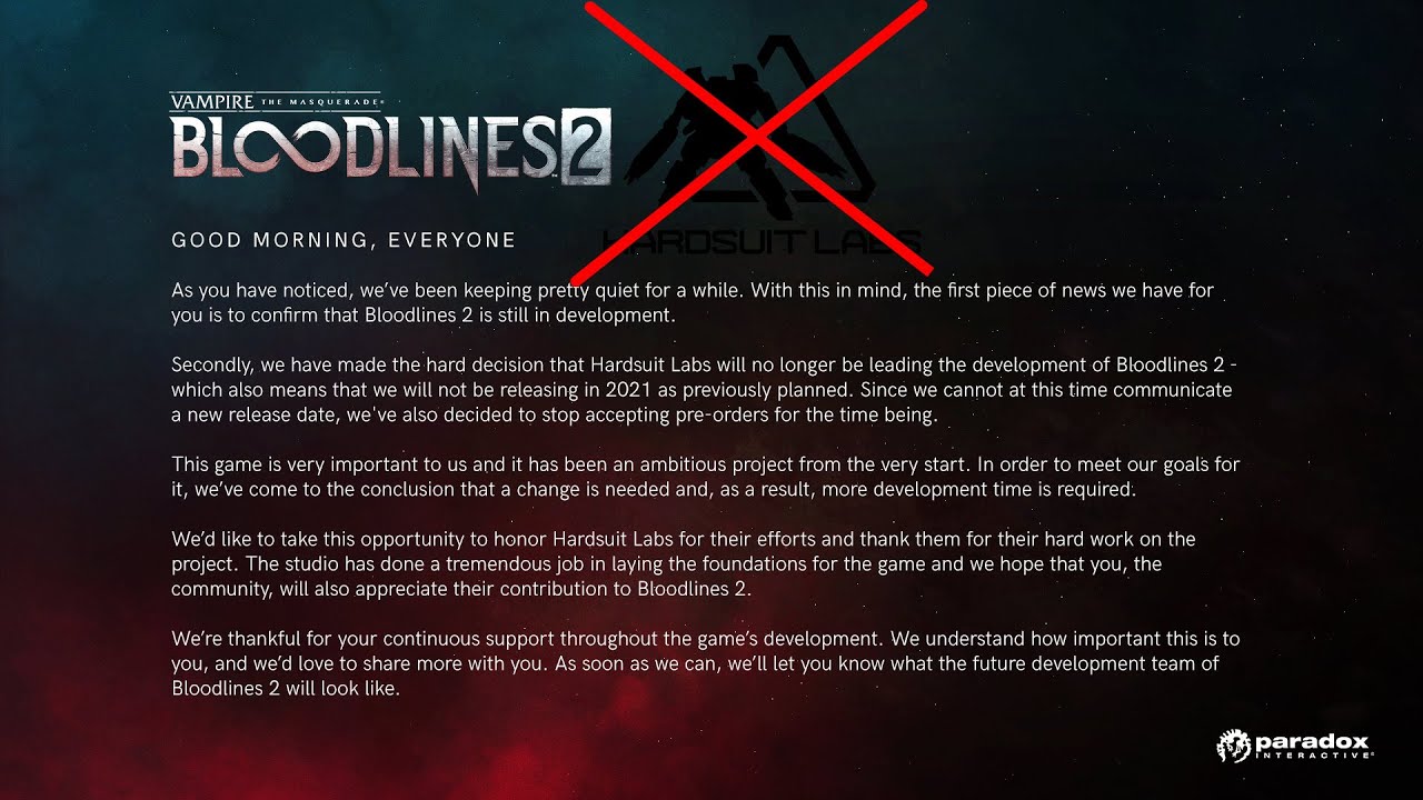 Vampire: The Masquerade - Bloodlines 2 delayed, Hardsuit Labs