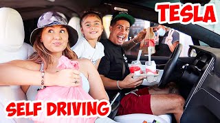 Letting Our Tesla DECIDE What We EAT For 24 Hours! (SELF DRIVE)