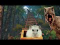 Hamster in roller coaster jungle with dinosaurs