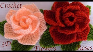 : Como hacer flores rosas 3D con hojas a Crochet paso a paso en punto tunecino tejido tallermanualperu