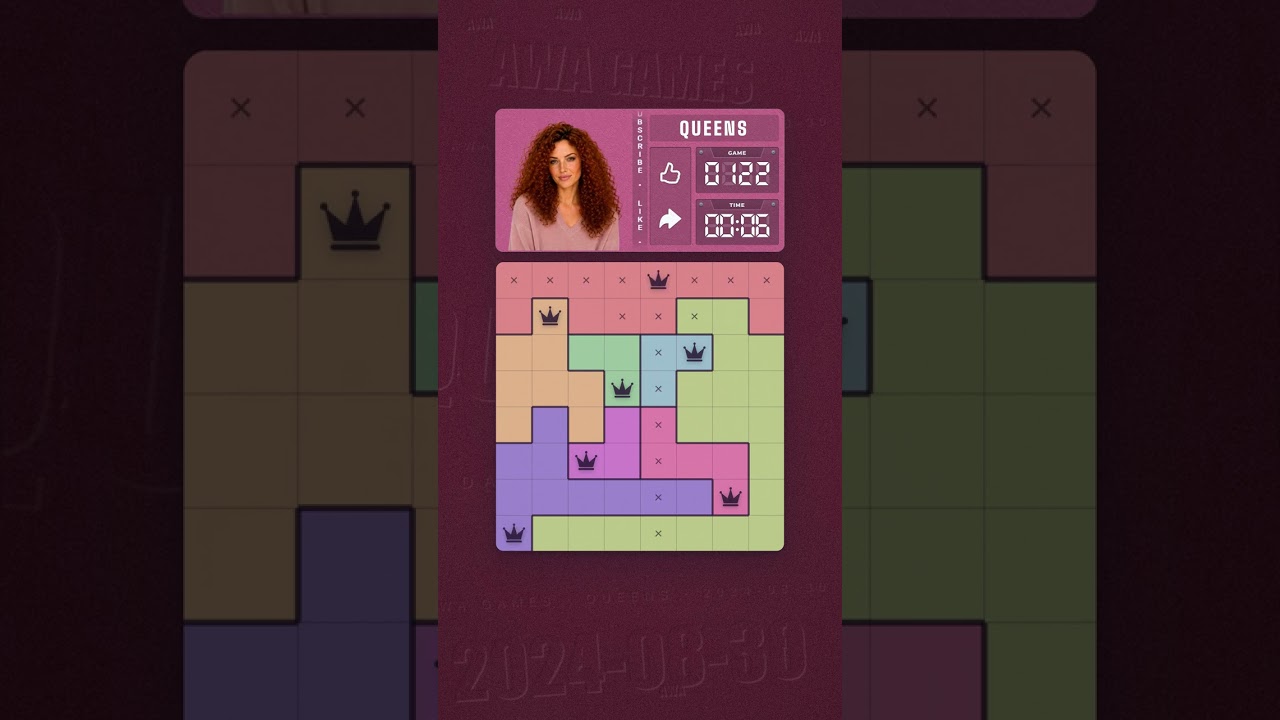 LinkedIn Queens #122 solved board for August 30, 2024, 8x8 grid