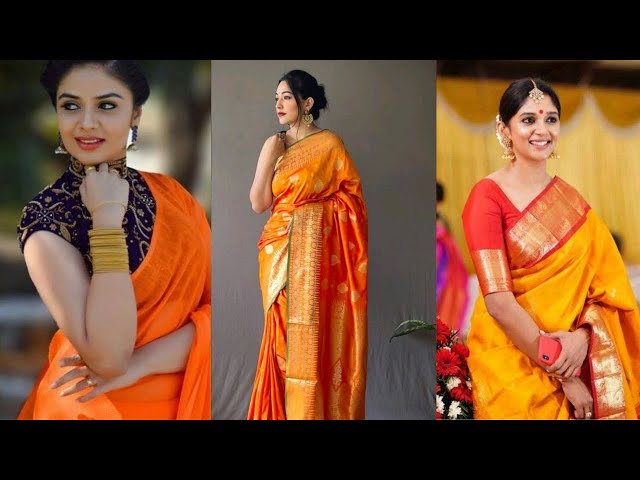 11 Chic Contrast Blouse Ideas For Orange Sarees • Keep Me Stylish | Bridal  blouse designs, Pattu saree blouse designs, Embroidered blouse designs