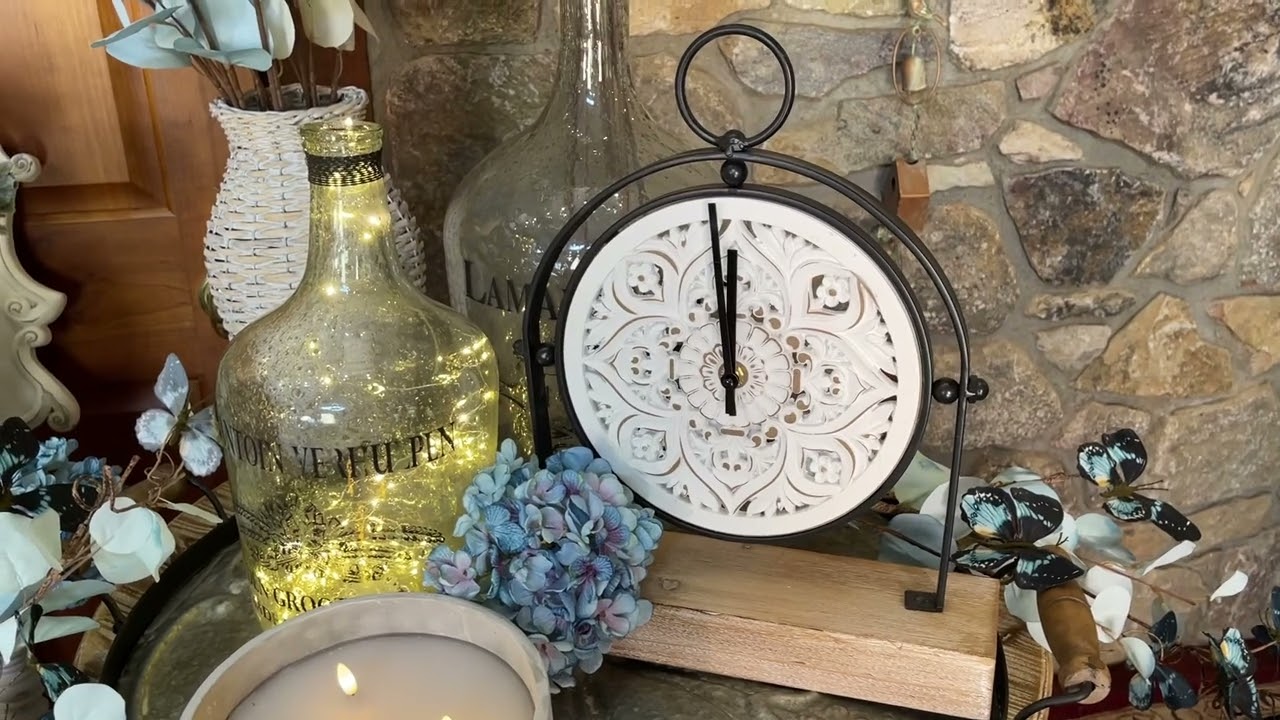 17” White Table Clock w/ Black Metal Frame & Wood Base