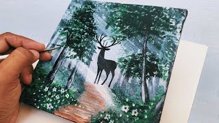 Deer in Forest Painting/Easy Forest Painting For Beginners