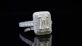 Natural Emerald Cut Double Halo Art Deco Diamond Engagement Ring