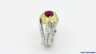 Platinum & 18kt Yellow Gold Plumeria Halo Ring with Burmese Ruby, Yellow & White Diamonds