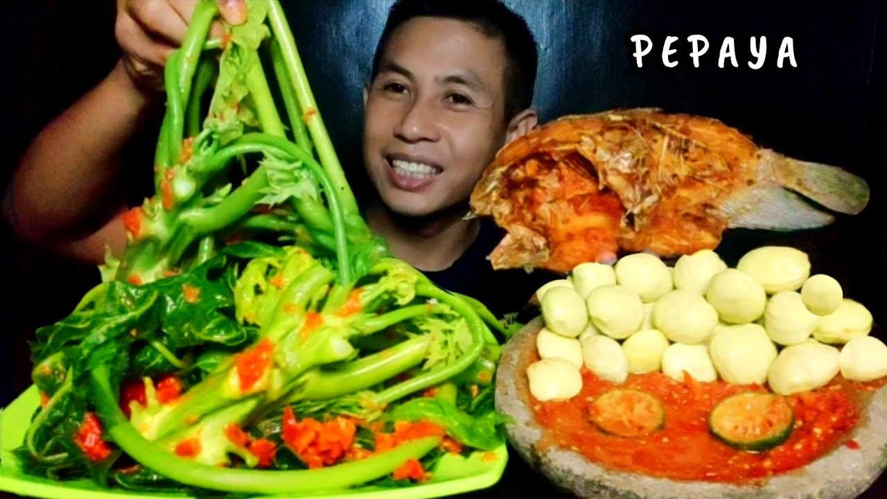 BATANG DAUN PEPAYA ‼️ ikan  gurami goreng kering, Jengkol muda, Coel Sambal, Mukbang Indonesia