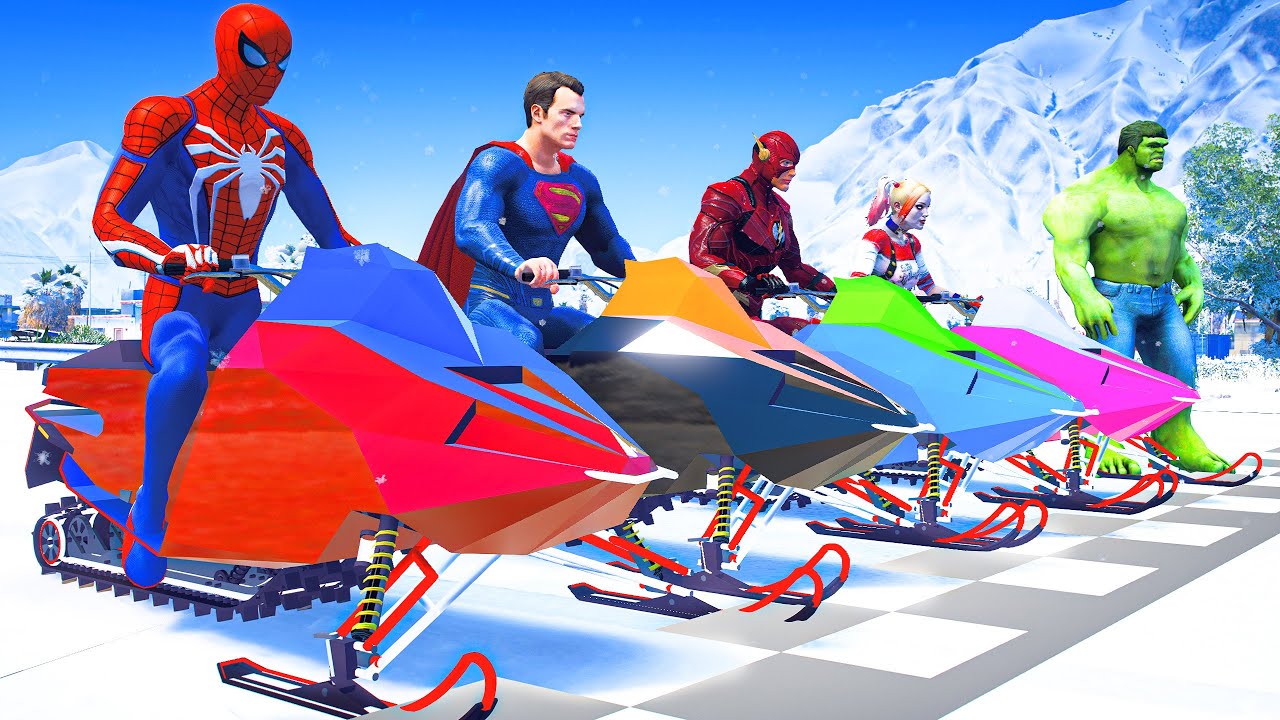 ⁣Spiderman & Superheroes Hulk, Flash, Joker w/ Snow Motorbikes Racing #484 - Superhero Competitio